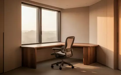 Ein minimalistischer, leerer Arbeitsplatz in einem hellen Raum mit einem Holztisch und einem Stuhl bei Sonnenlicht. - Foto: über boerse-global.de