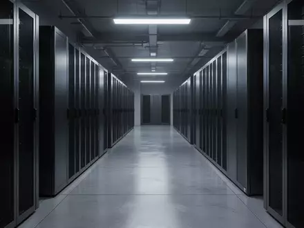 Ein minimalistischer, leerer Serverraum mit metallischen Schränken und kühler Beleuchtung in einer modernen Industrieumgebung. - Foto: über boerse-global.de