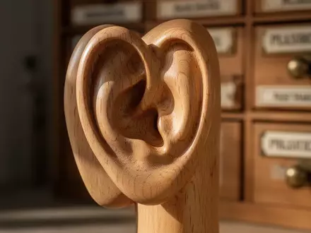 Ein anatomisches Modell eines menschlichen Ohrs aus hellem Holz vor einem unscharfen Hintergrund aus Apothekerschubladen. - Foto: über boerse-global.de