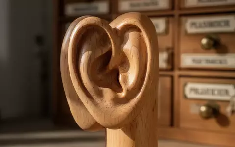 Ein anatomisches Modell eines menschlichen Ohrs aus hellem Holz vor einem unscharfen Hintergrund aus Apothekerschubladen. - Foto: über boerse-global.de