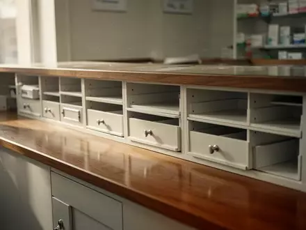 Leere Regalfächer und Schubladen hinter einem Apothekentresen verdeutlichen die angespannte Arzneimittelversorgung. - Foto: über boerse-global.de