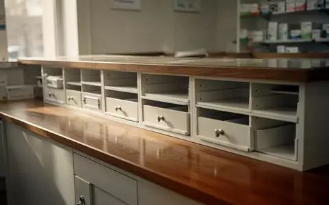Leere Regalfächer und Schubladen hinter einem Apothekentresen verdeutlichen die angespannte Arzneimittelversorgung. - Foto: über boerse-global.de