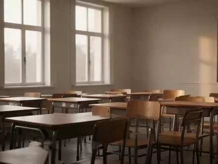 Ein leerer Klassenraum mit Holztischen und Stühlen in natürlichem Licht. - Foto: über boerse-global.de