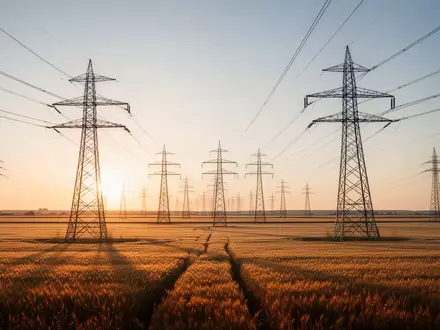 Hochspannungsleitungen verlaufen durch eine weite, goldene Landschaft bei Sonnenuntergang. - Foto: über boerse-global.de