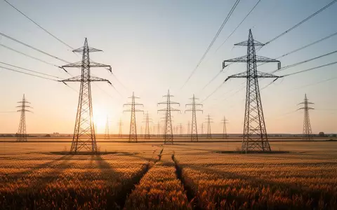 Hochspannungsleitungen verlaufen durch eine weite, goldene Landschaft bei Sonnenuntergang. - Foto: über boerse-global.de