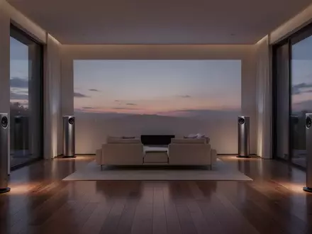 Modernes Wohnzimmer mit vier diskret platzierten Lautsprechern in den Ecken eines minimalistischen Raumes. - Foto: ĂŒber boerse-global.de
