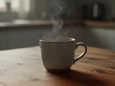 Eine dampfende Keramiktasse auf einem Holztisch in einer ruhig beleuchteten Umgebung. - Foto: über boerse-global.de