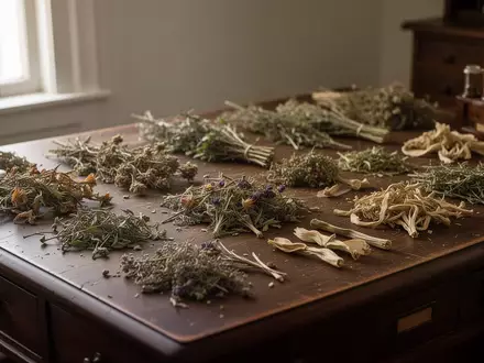 Eine Auswahl getrockneter Heilkräuter und botanischer Proben auf einem dunklen Holztisch in natürlichem Licht. - Foto: über boerse-global.de