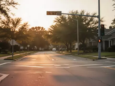 Eine ruhige, asphaltierte Vorortstraße mit klaren Fahrbahnmarkierungen und einer Ampel bei Sonnenuntergang. - Foto: über boerse-global.de