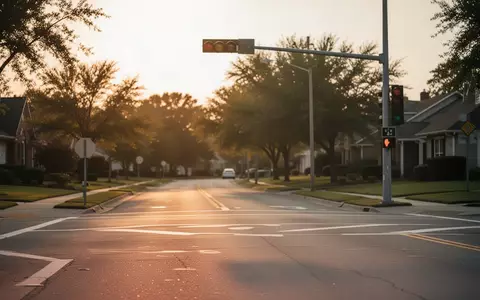 Eine ruhige, asphaltierte Vorortstraße mit klaren Fahrbahnmarkierungen und einer Ampel bei Sonnenuntergang. - Foto: über boerse-global.de