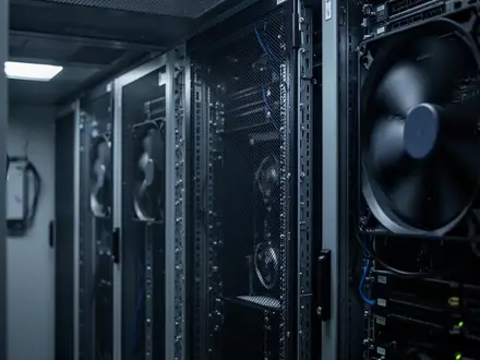 Dunkler Serverraum mit technischer Infrastruktur in kühlem blauen Licht. - Foto: über boerse-global.de