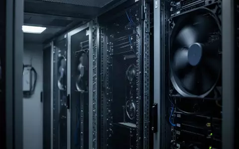 Dunkler Serverraum mit technischer Infrastruktur in kühlem blauen Licht. - Foto: über boerse-global.de