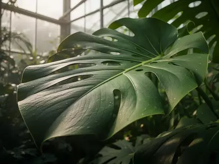 Nahaufnahme eines großen, strukturierten Monstera-Blattes in einem botanischen Gewächshaus bei natürlichem Lichteinfall. - Foto: über boerse-global.de