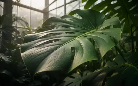Nahaufnahme eines großen, strukturierten Monstera-Blattes in einem botanischen Gewächshaus bei natürlichem Lichteinfall. - Foto: über boerse-global.de