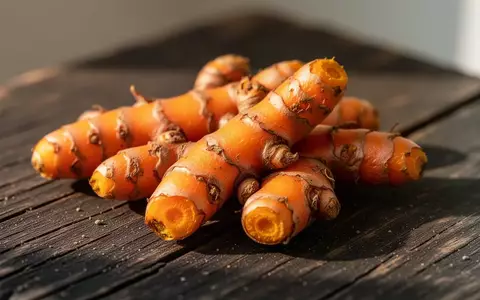 Frische Kurkuma-Wurzeln liegen auf einer dunklen, rustikalen Holzoberfläche bei natürlichem Licht. - Foto: über boerse-global.de