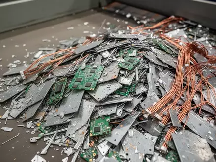 Ein Haufen aus zerkleinerten Metallteilen und Elektronikschrott in einer industriellen Sortieranlage. - Foto: über boerse-global.de