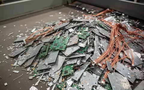 Ein Haufen aus zerkleinerten Metallteilen und Elektronikschrott in einer industriellen Sortieranlage. - Foto: über boerse-global.de
