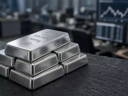 Gestapelte Silberbarren auf einer dunklen Schieferplatte bei natürlichem Licht. - Foto: über boerse-global.de