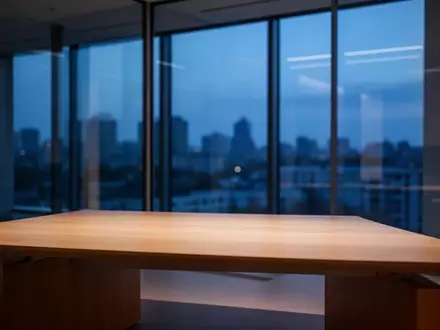 Ein minimalistischer, leerer Schreibtisch in einem modernen Büro bei Dämmerung, der eine Atmosphäre des Übergangs vermittelt. - Foto: über boerse-global.de