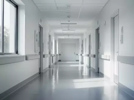 Ein heller, steriler Krankenhausflur in einer modernen Klinik mit natürlichem Lichteinfall und minimalistischer Architektur. - Foto: über boerse-global.de