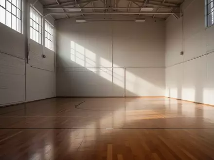Leere Sporthalle mit hellem Holzboden und einfallendem Tageslicht durch hohe Fenster. - Foto: über boerse-global.de