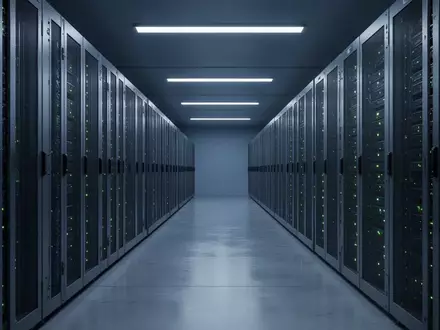 Ein moderner, minimalistischer Serverraum mit symmetrischen Server-Racks in einer sterilen, blau beleuchteten Umgebung. - Foto: über boerse-global.de