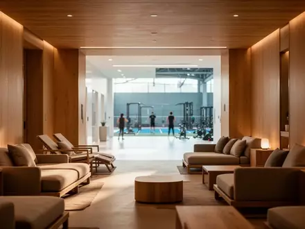 Moderner, heller Aufenthaltsbereich in einem Fitnessstudio mit minimalistischem Holzdesign und einladender Atmosphäre. - Foto: über boerse-global.de