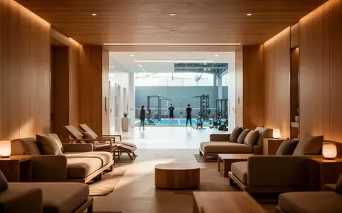 Moderner, heller Aufenthaltsbereich in einem Fitnessstudio mit minimalistischem Holzdesign und einladender Atmosphäre. - Foto: über boerse-global.de