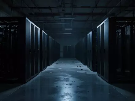 Dunkler, verlassener Serverraum mit schwarzen Rack-Schränken und kühler blauer Beleuchtung. - Foto: über boerse-global.de
