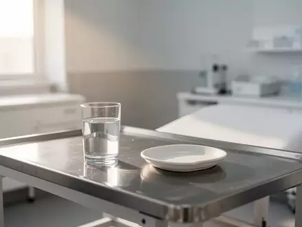 Ein minimalistischer Behandlungsraum mit einem Glas Wasser auf einem klinischen Tisch in hellem Tageslicht. - Foto: über boerse-global.de