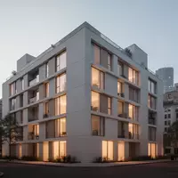 Moderne, minimalistische Wohnhausfassade in einer dichten Großstadt bei Dämmerung mit warmem Licht in den Fenstern. - Foto: über boerse-global.de