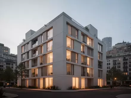 Moderne, minimalistische Wohnhausfassade in einer dichten Großstadt bei Dämmerung mit warmem Licht in den Fenstern. - Foto: über boerse-global.de