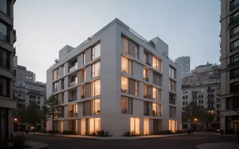 Moderne, minimalistische Wohnhausfassade in einer dichten Großstadt bei Dämmerung mit warmem Licht in den Fenstern. - Foto: über boerse-global.de
