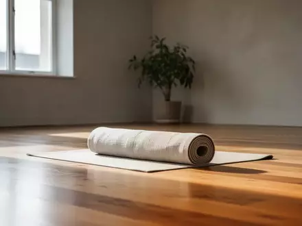Ein minimalistischer, sonnendurchfluteter Raum mit einer zusammengerollten Yogamatte auf einem Holzboden. - Foto: über boerse-global.de