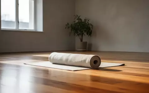 Ein minimalistischer, sonnendurchfluteter Raum mit einer zusammengerollten Yogamatte auf einem Holzboden. - Foto: über boerse-global.de