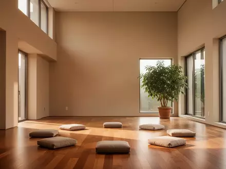 Ein heller, minimalistischer Raum mit Holzboden und Sitzkissen, der eine ruhige Atmosphäre für Meditation und Austausch bietet. - Foto: über boerse-global.de