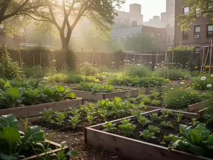 Ein sonniger Gemeinschaftsgarten mit Hochbeeten und üppiger Bepflanzung in einer städtischen Umgebung. - Foto: über boerse-global.de