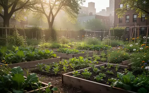 Ein sonniger Gemeinschaftsgarten mit Hochbeeten und üppiger Bepflanzung in einer städtischen Umgebung. - Foto: über boerse-global.de