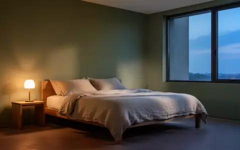 Ein minimalistisch eingerichtetes Schlafzimmer in gedeckten Farben mit weicher Bettwäsche und warmem Licht bei Dämmerung. - Foto: über boerse-global.de