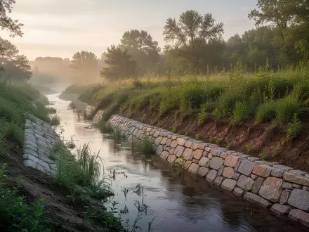 Landschaft mit verstärktem Flussufer und natürlicher Vegetation zur Erosionskontrolle als Symbol für Katastrophenvorsorge. - Foto: über boerse-global.de