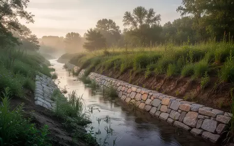 Landschaft mit verstärktem Flussufer und natürlicher Vegetation zur Erosionskontrolle als Symbol für Katastrophenvorsorge. - Foto: über boerse-global.de