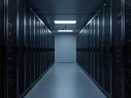 Ein moderner Serverraum mit ordentlich angeordneten, dunklen Serverschränken in kühler, blauer Beleuchtung. - Foto: über boerse-global.de