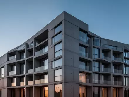 Moderne Wohnhausfassade aus Beton und Glas bei Dämmerung - Foto: über boerse-global.de