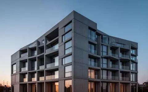 Moderne Wohnhausfassade aus Beton und Glas bei Dämmerung - Foto: über boerse-global.de