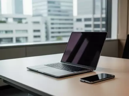 Ein moderner, heller Büroarbeitsplatz mit Laptop und Smartphone vor einem verschwommenen architektonischen Hintergrund. - Foto: über boerse-global.de