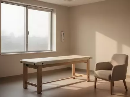 Ein heller, minimalistischer Behandlungsraum in einer Klinik mit einer leeren Liege und natürlichem Tageslicht. - Foto: über boerse-global.de