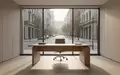Ein minimalistisches, helles Büro mit einem Holztisch und einem Fensterblick auf eine ruhige, sonnige Straße. - Foto: über boerse-global.de