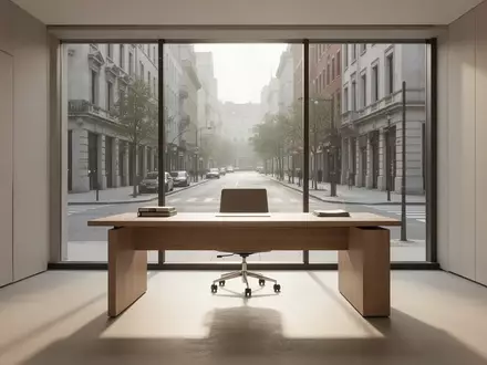 Ein minimalistisches, helles BĂĽro mit einem Holztisch und einem Fensterblick auf eine ruhige, sonnige StraĂźe. - Foto: ĂĽber boerse-global.de