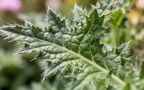 Nahaufnahme eines Benediktenkraut-Blattes mit detaillierter Blattstruktur und feinen Härchen - Foto: über boerse-global.de