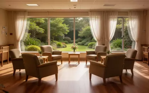 Ein heller, freundlicher Gemeinschaftsraum mit bequemen Sesseln in einem Kreis und Blick in einen grünen Garten. - Foto: über boerse-global.de